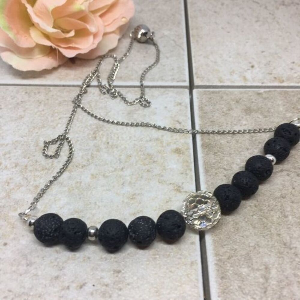 Delicate Black Lava Stone and Crystal Filigree Necklace